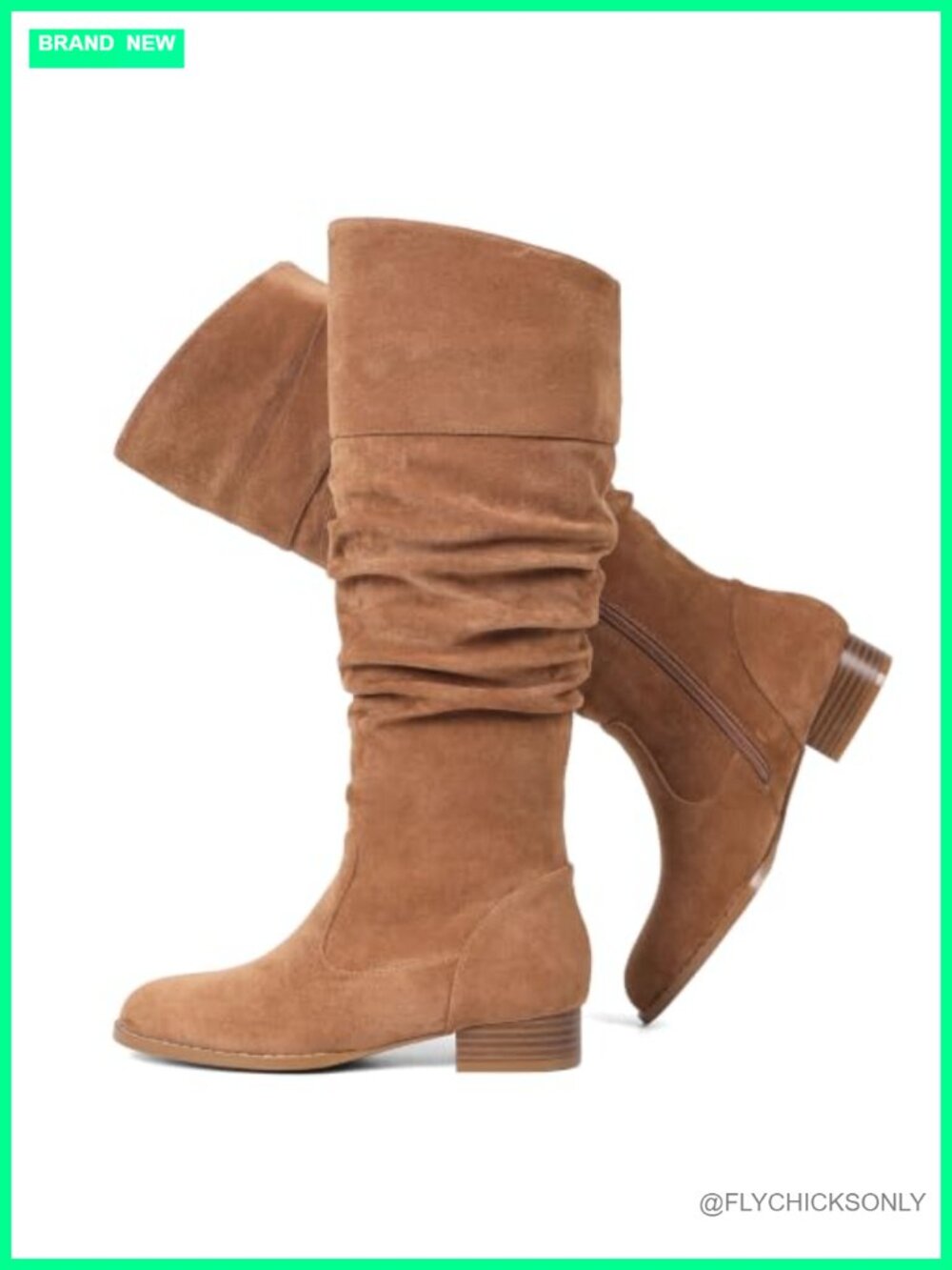 Flat Suede Knee High Boots Round Toe Side Zipper Slouchy Fall